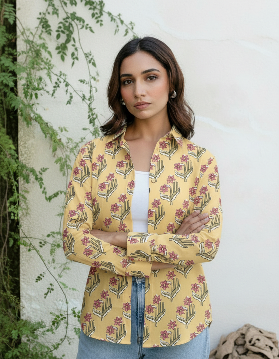 Yellow Floral Handblock Style Printed Casual Shirt for Women