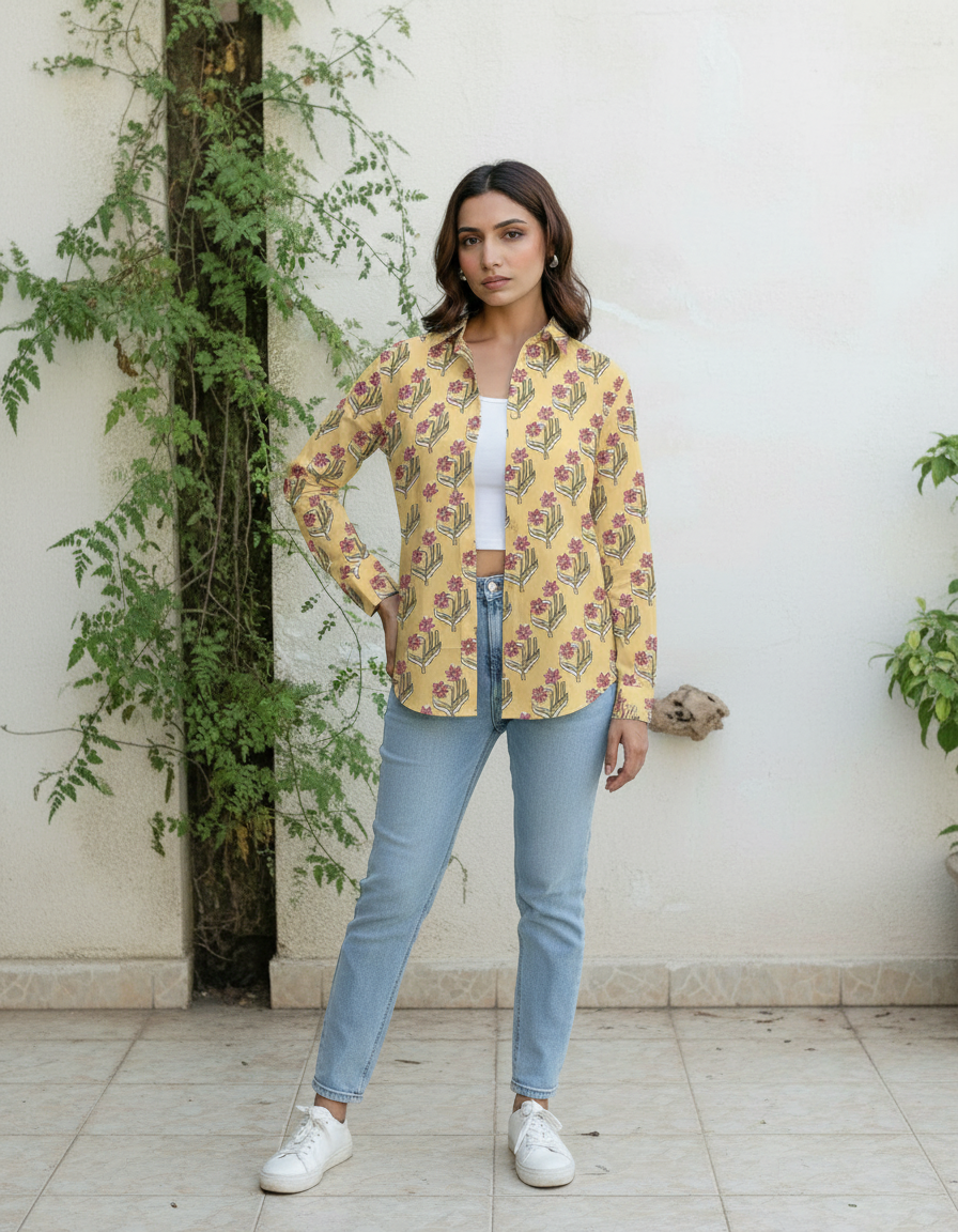 Yellow Floral Handblock Style Printed Casual Shirt for Women