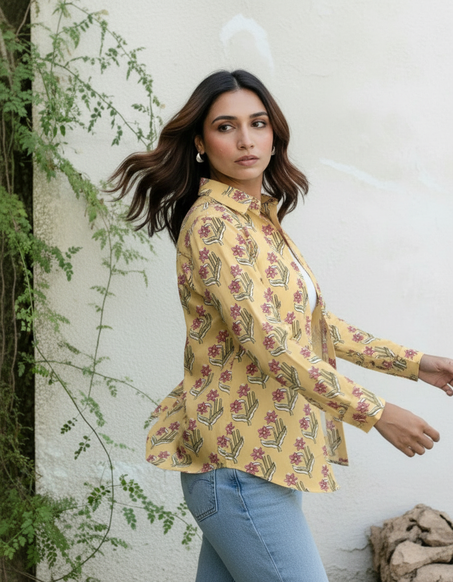 Yellow Floral Handblock Style Printed Casual Shirt for Women