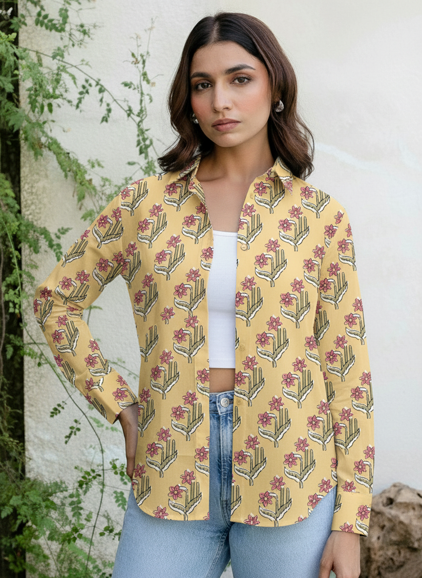 Yellow Floral Handblock Style Printed Casual Shirt for Women