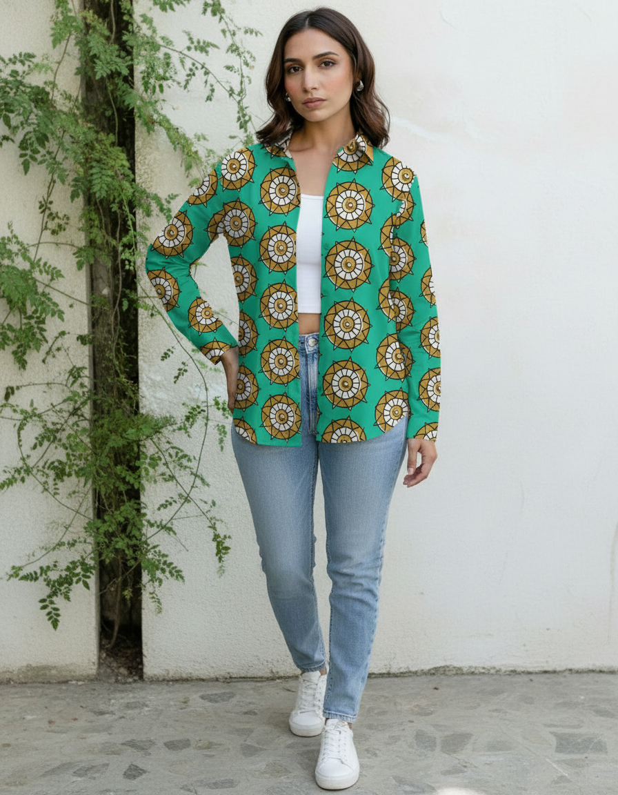 Teal Ethnic Mandala Printed Casual Shirt for Women