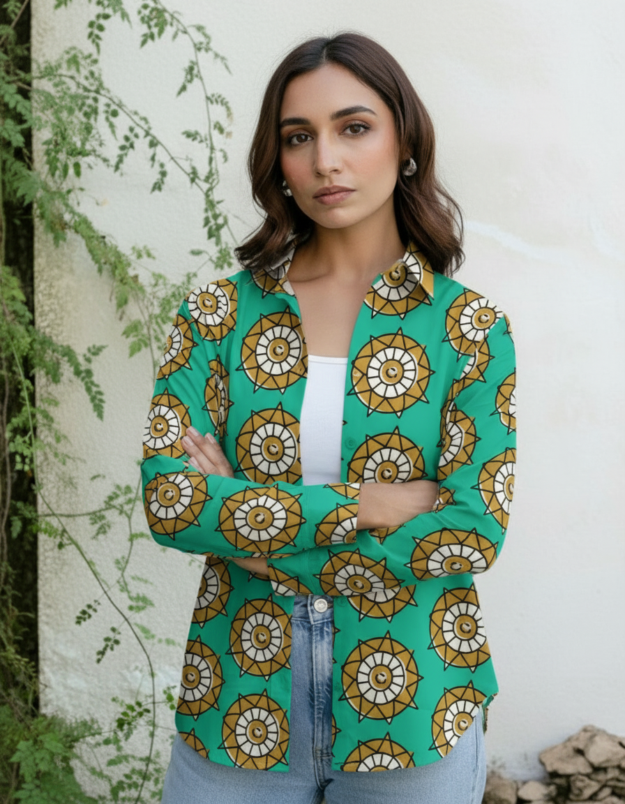 Teal Ethnic Mandala Printed Casual Shirt for Women