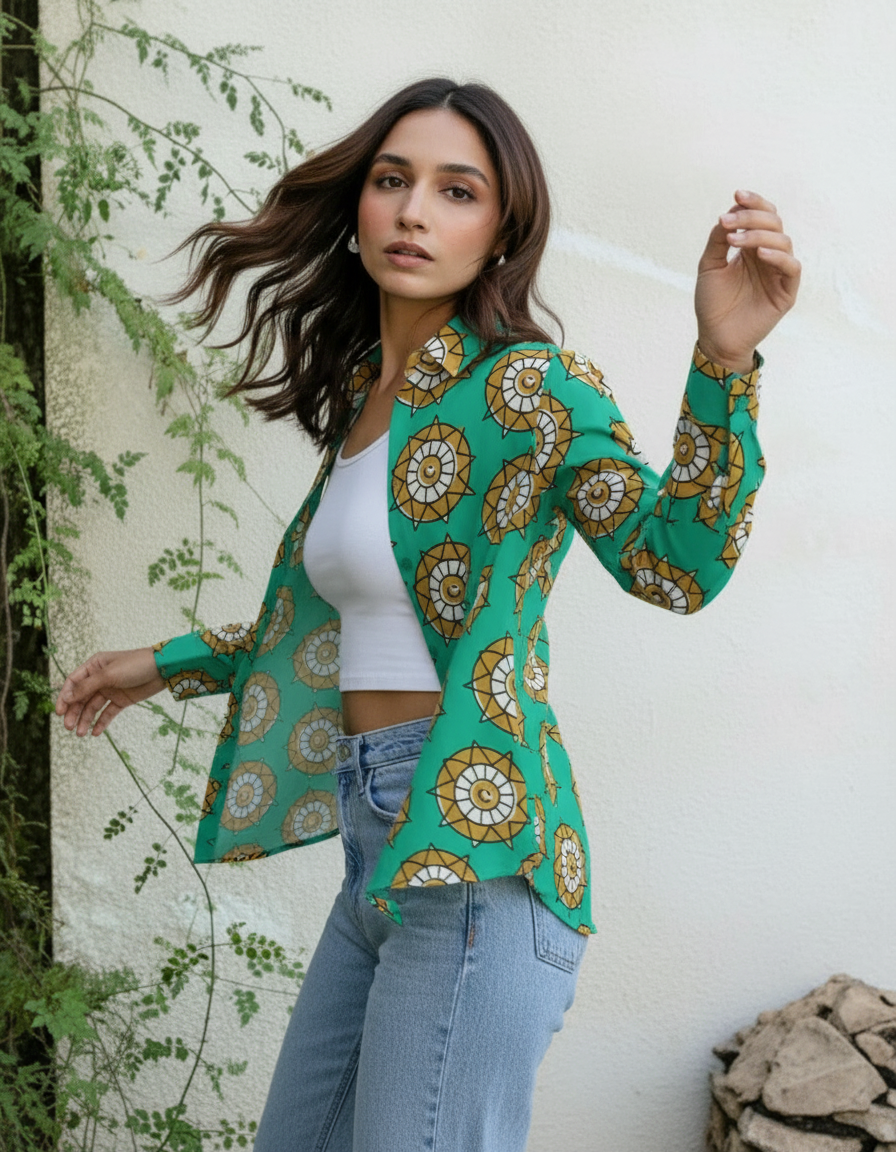 Teal Ethnic Mandala Printed Casual Shirt for Women