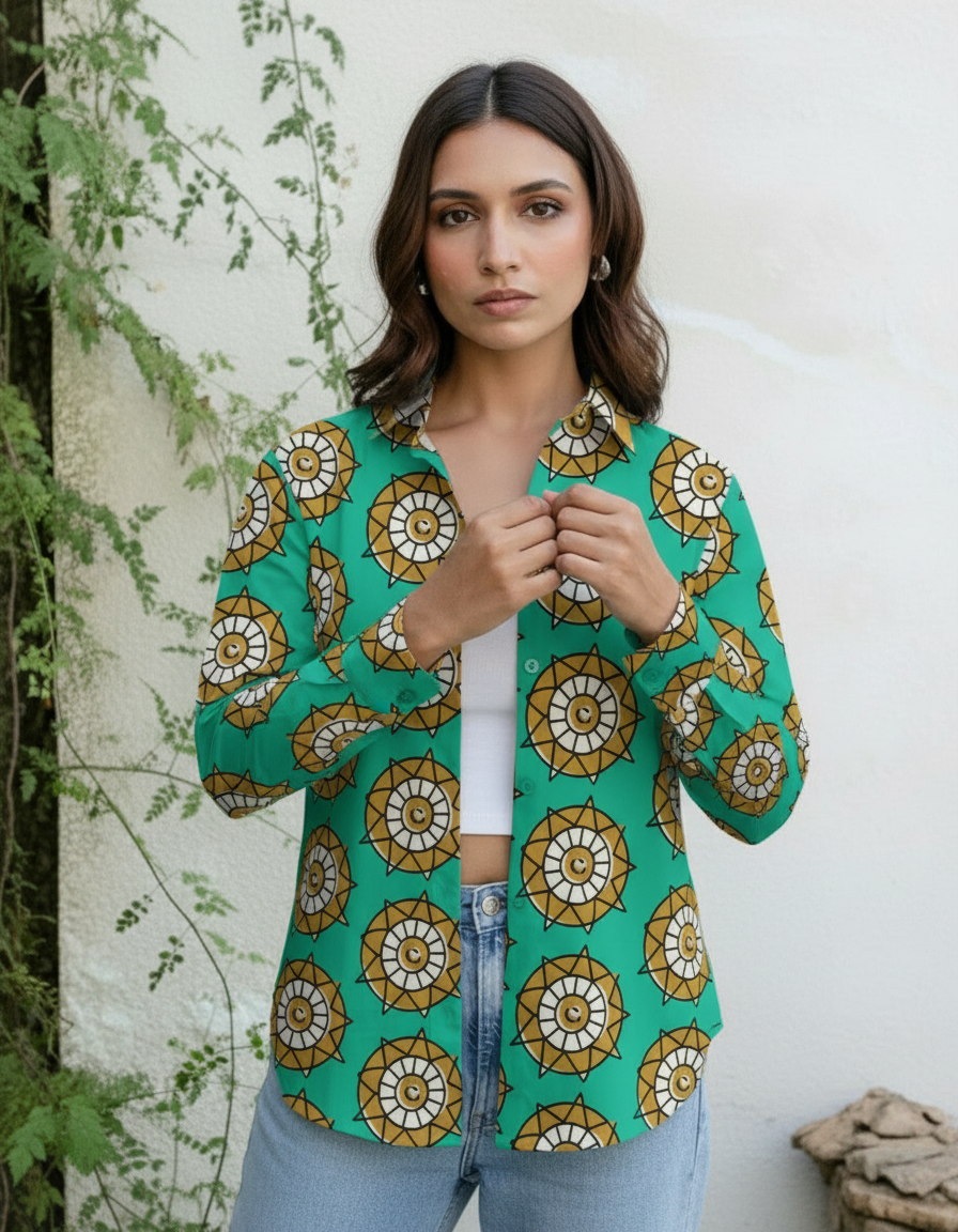 Teal Ethnic Mandala Printed Casual Shirt for Women