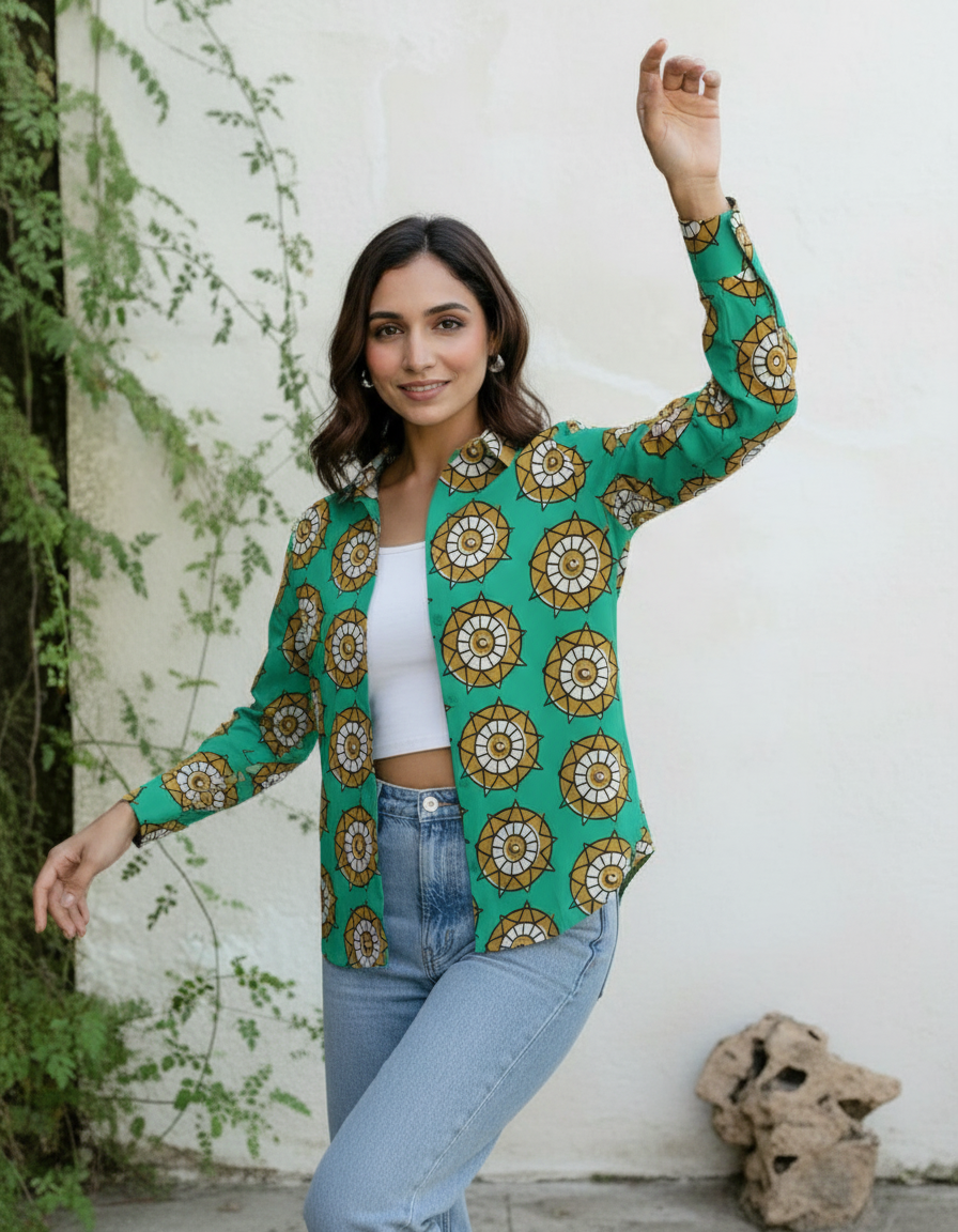 Teal Ethnic Mandala Printed Casual Shirt for Women