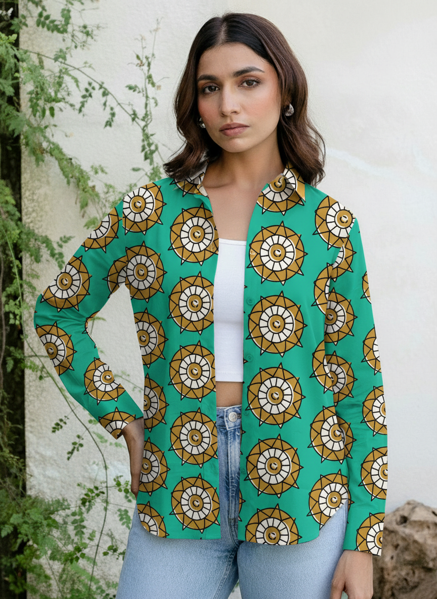 Teal Ethnic Mandala Printed Casual Shirt for Women