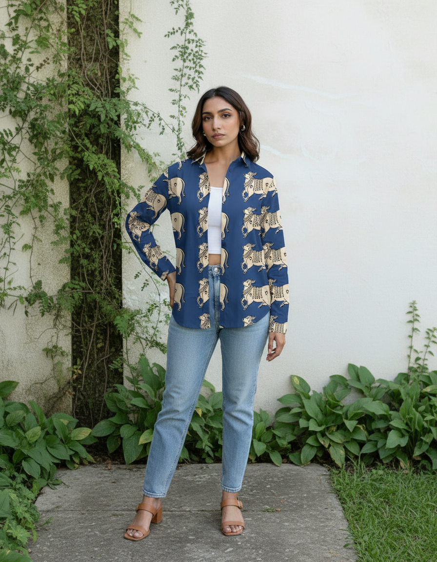 Indigo Ethnic Cow Print Button-Down Shirt for Women