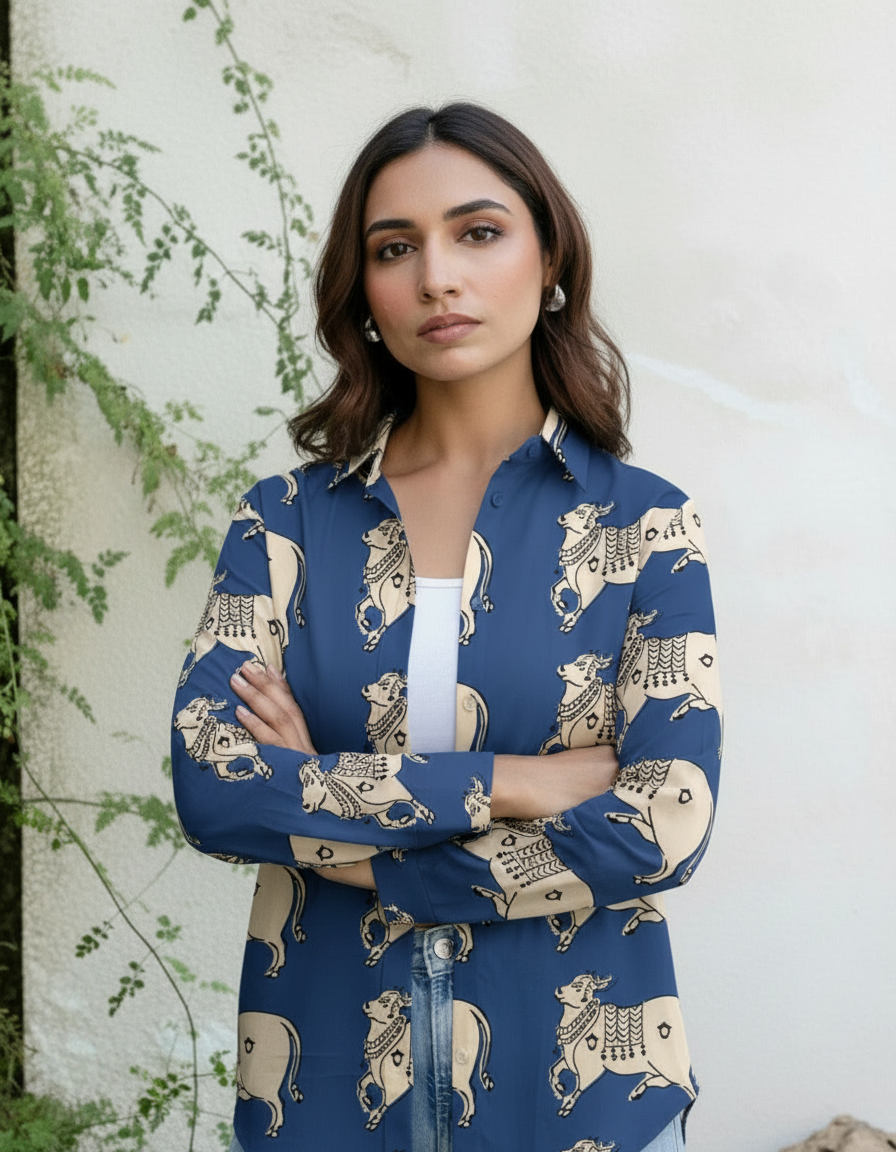 Indigo Ethnic Cow Print Button-Down Shirt for Women