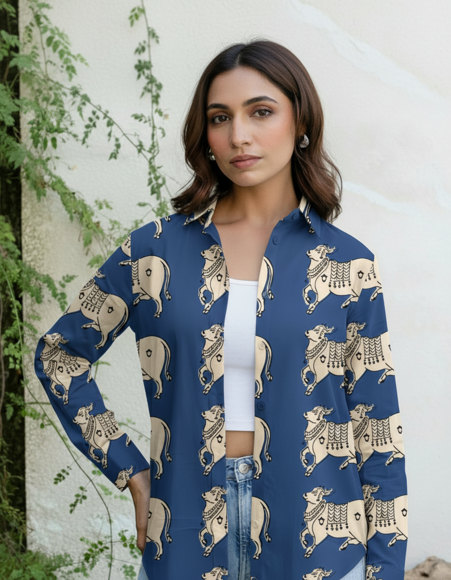 Indigo Ethnic Cow Print Button-Down Shirt for Women