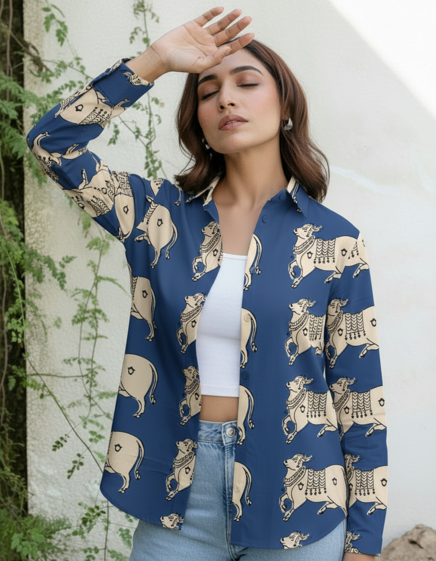 Indigo Ethnic Cow Print Button-Down Shirt for Women