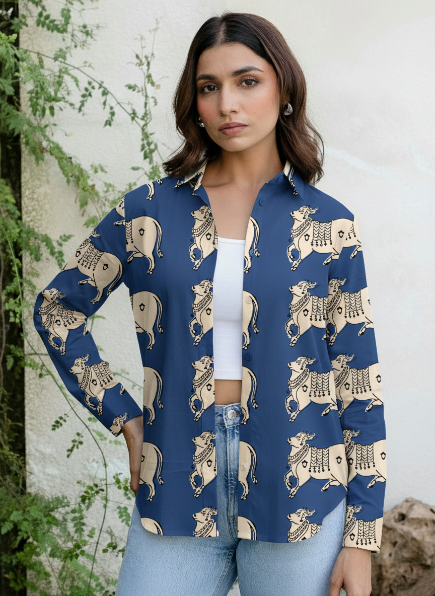 Indigo Ethnic Cow Print Button-Down Shirt for Women