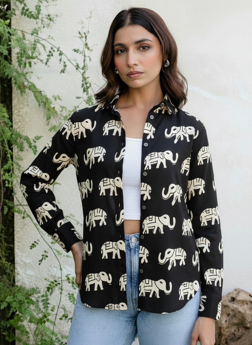 Black Elephant Block Print Casual Shirt for Women