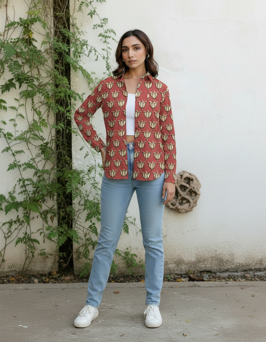 Rust Red Tulip Print Casual Shirt for Women