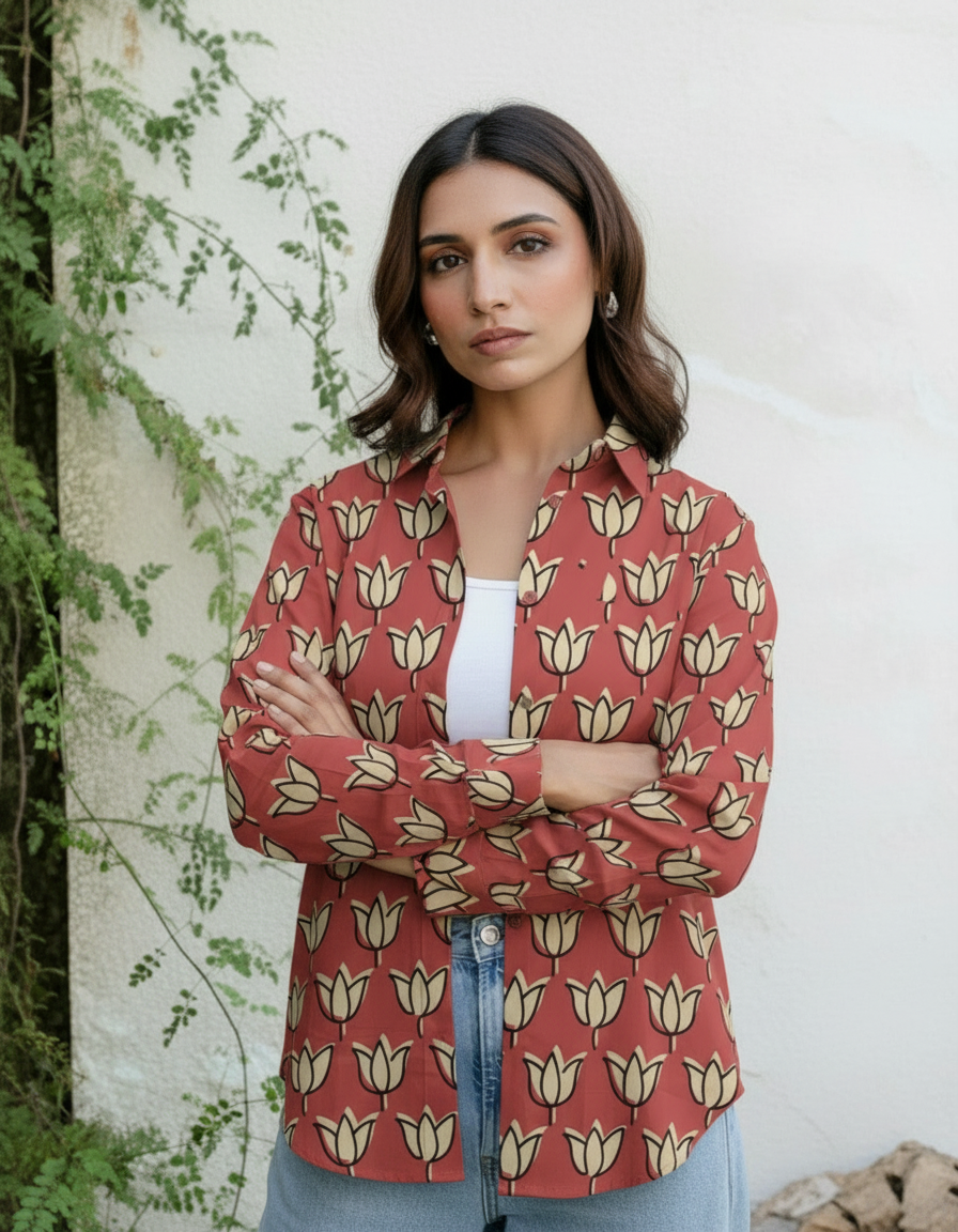 Rust Red Tulip Print Casual Shirt for Women