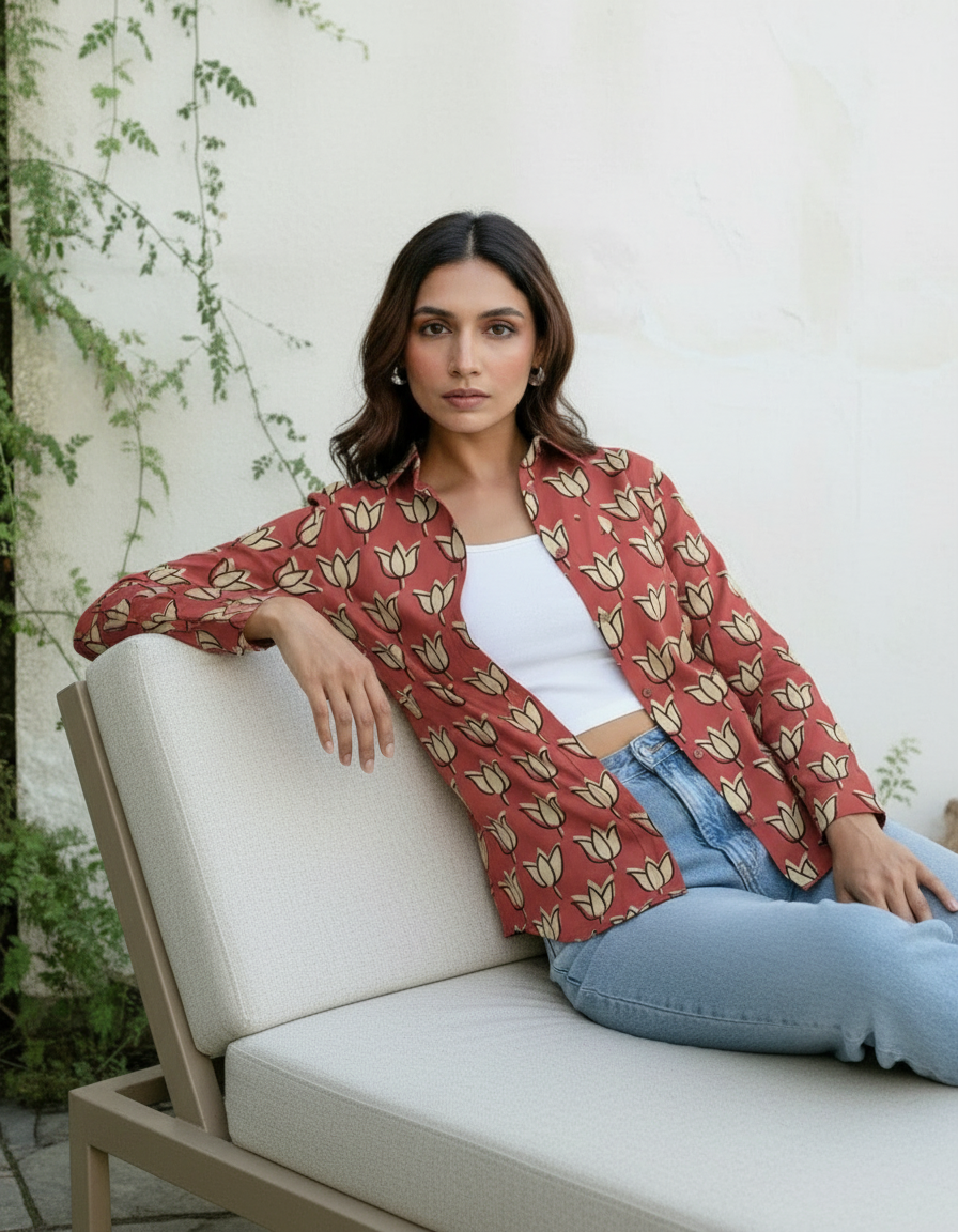 Rust Red Tulip Print Casual Shirt for Women