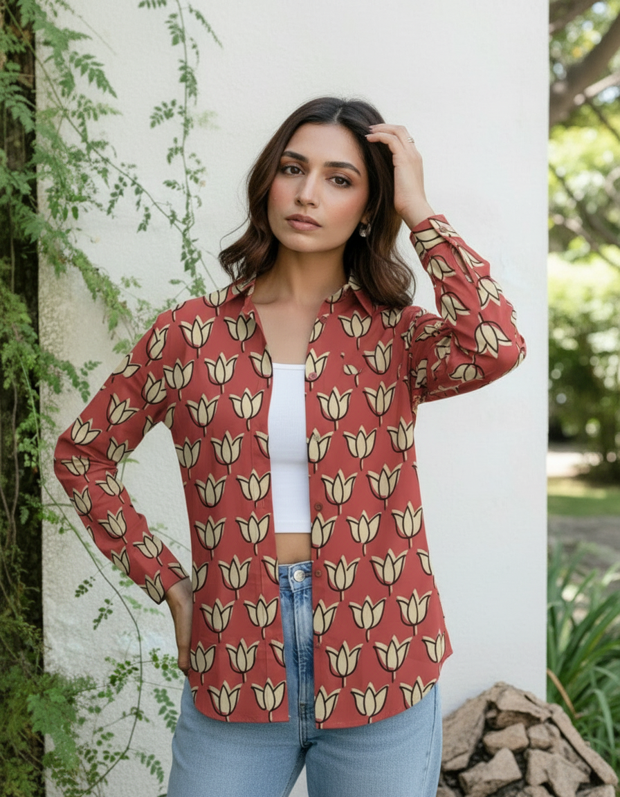 Rust Red Tulip Print Casual Shirt for Women