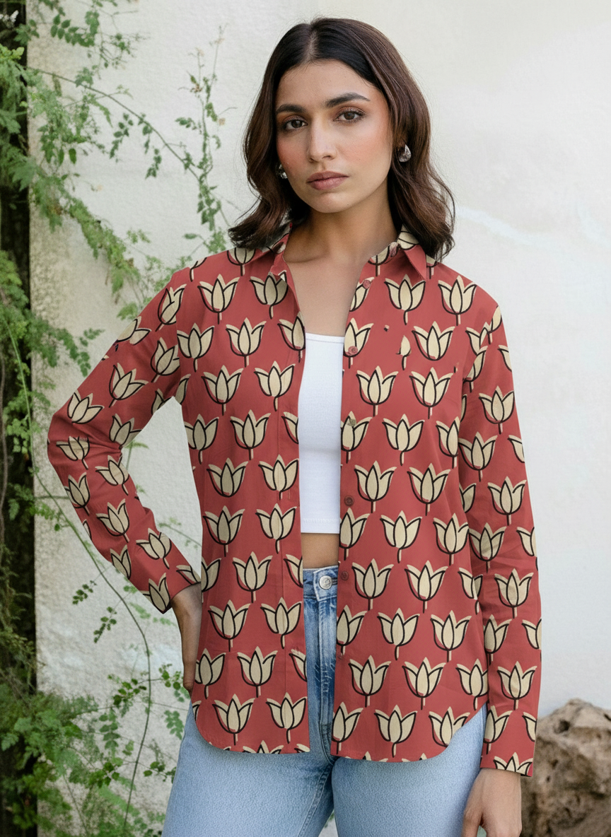 Rust Red Tulip Print Casual Shirt for Women