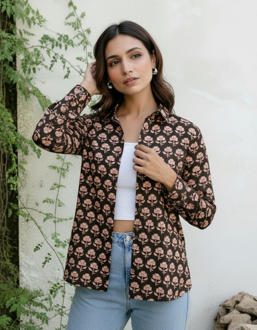 Black Floral Boho Print Casual Shirt for Women