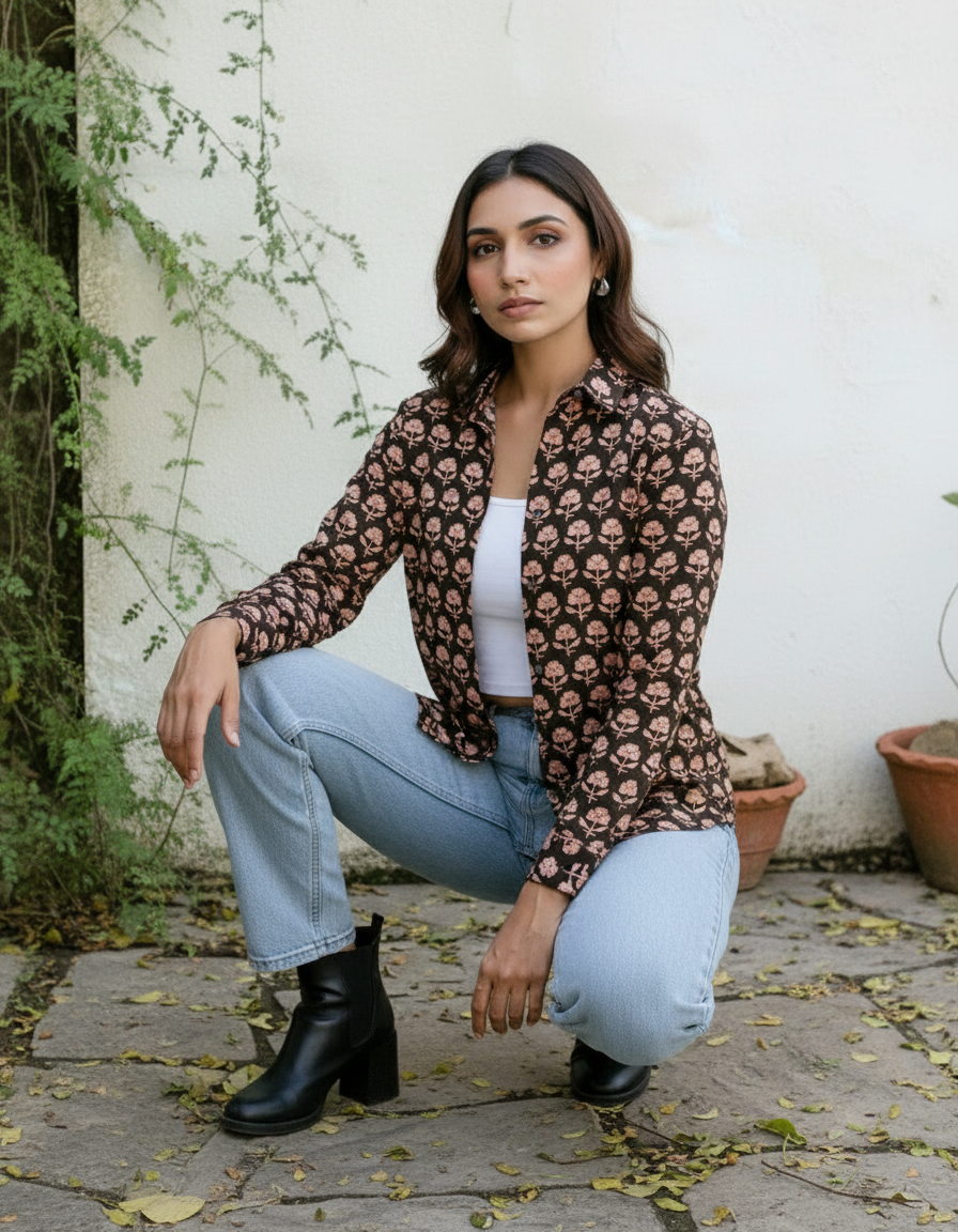 Black Floral Boho Print Casual Shirt for Women