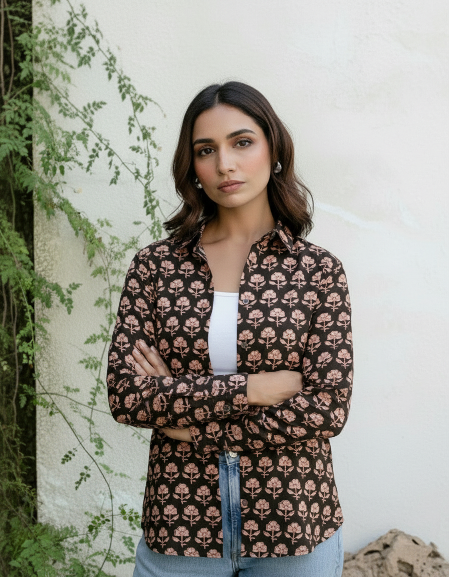 Black Floral Boho Print Casual Shirt for Women