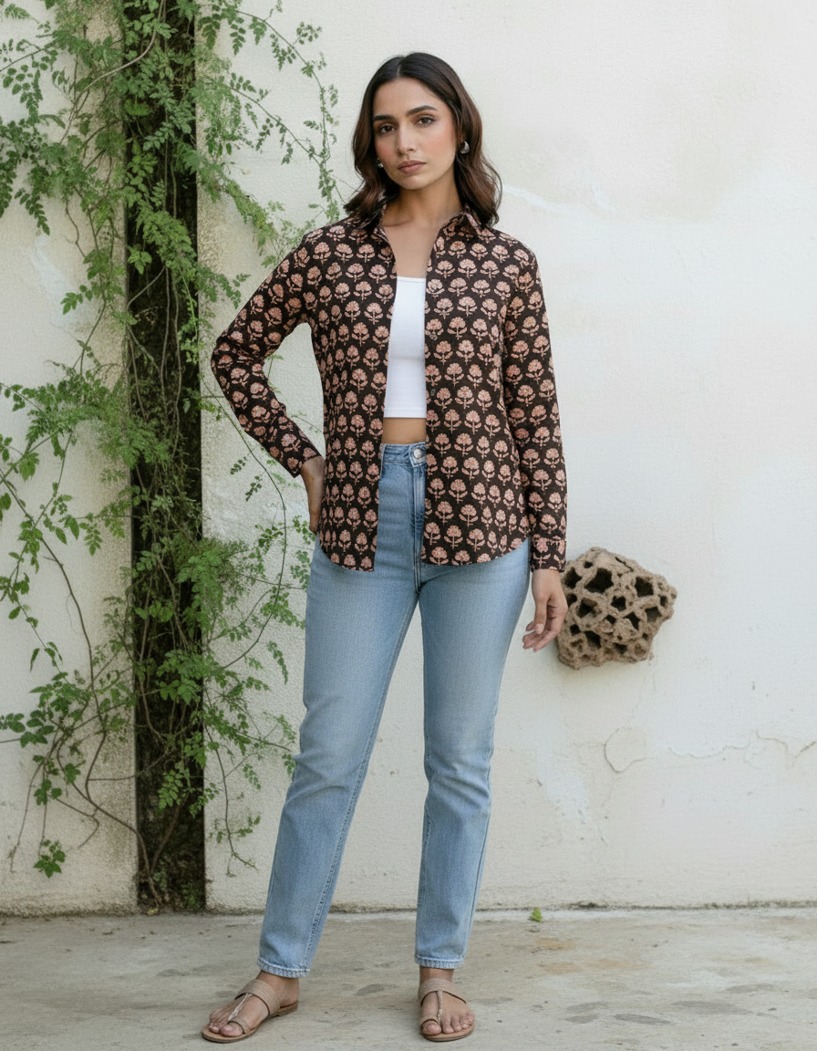 Black Floral Boho Print Casual Shirt for Women