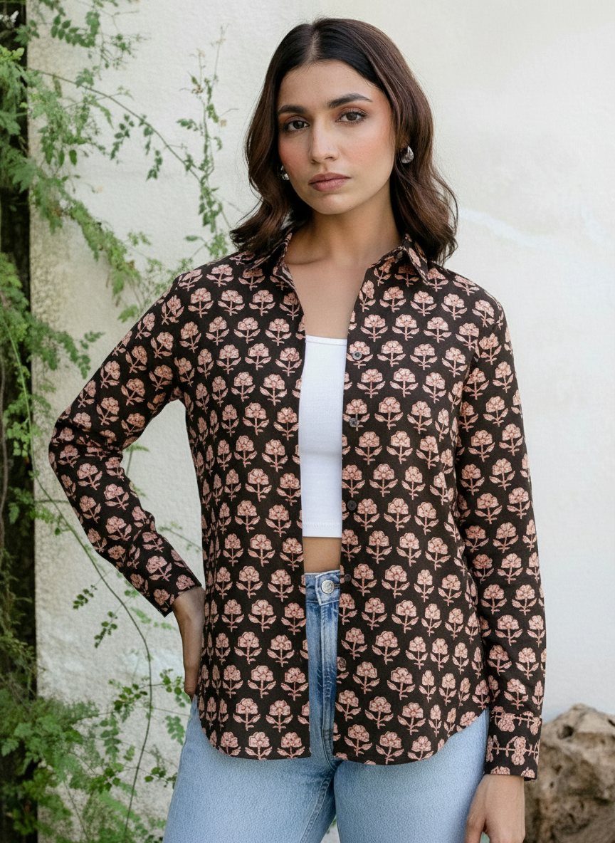 Black Floral Boho Print Casual Shirt for Women