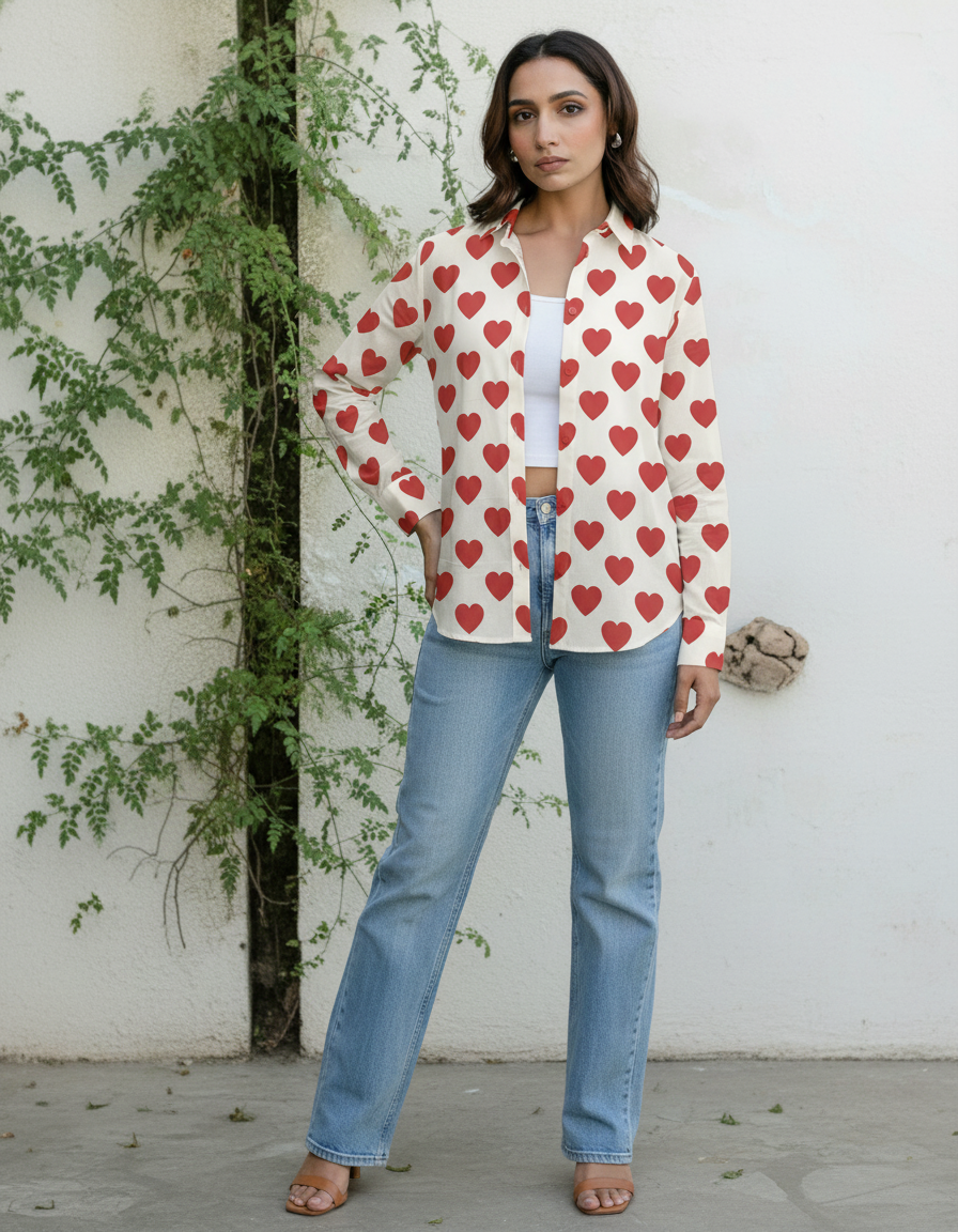 Cream & Red Heart Print Casual Shirt for Women