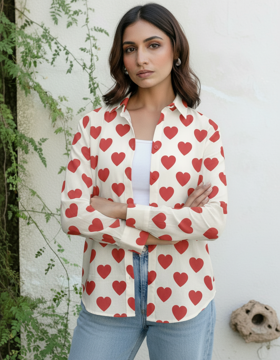 Cream & Red Heart Print Casual Shirt for Women