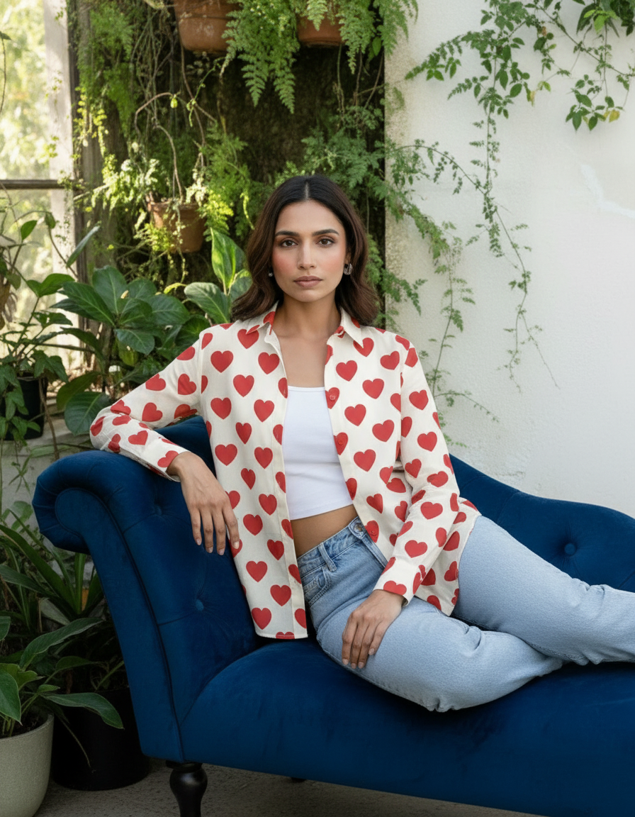 Cream & Red Heart Print Casual Shirt for Women