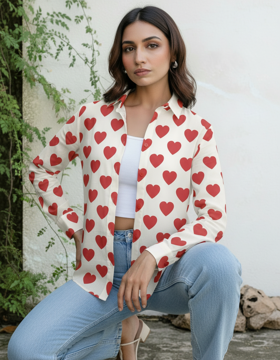 Cream & Red Heart Print Casual Shirt for Women