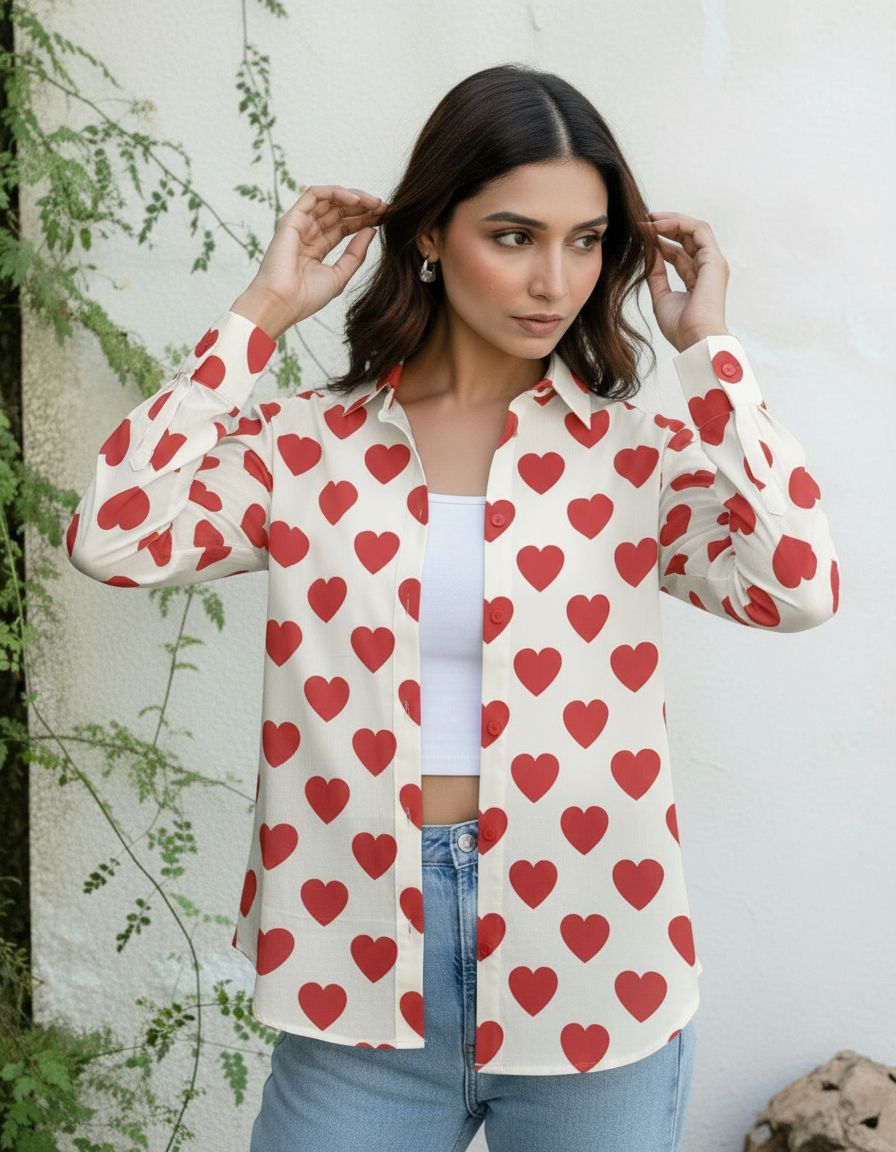 Cream & Red Heart Print Casual Shirt for Women