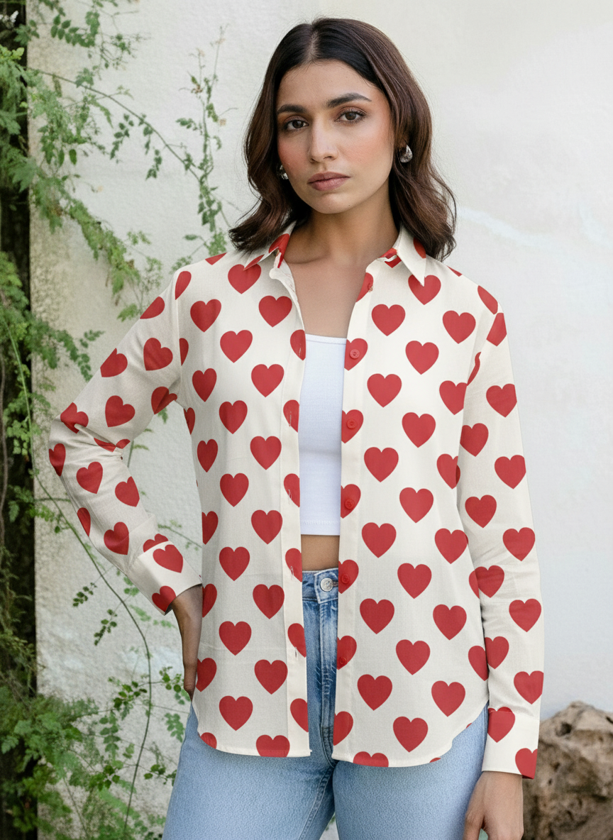 Cream & Red Heart Print Casual Shirt for Women