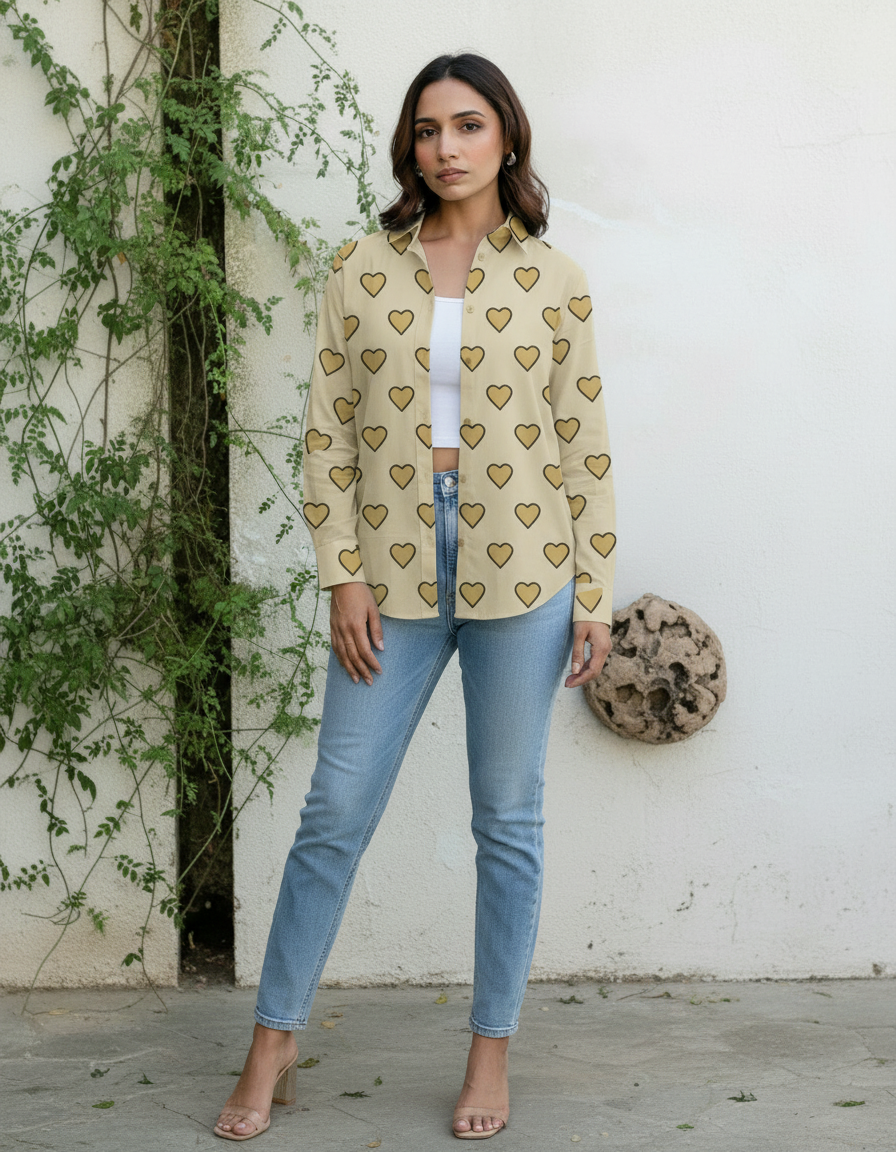 Beige Heart Print Button-Down Shirt for Women
