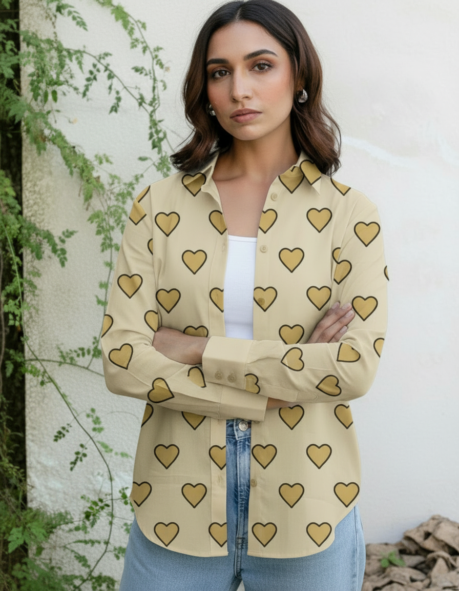 Beige Heart Print Button-Down Shirt for Women