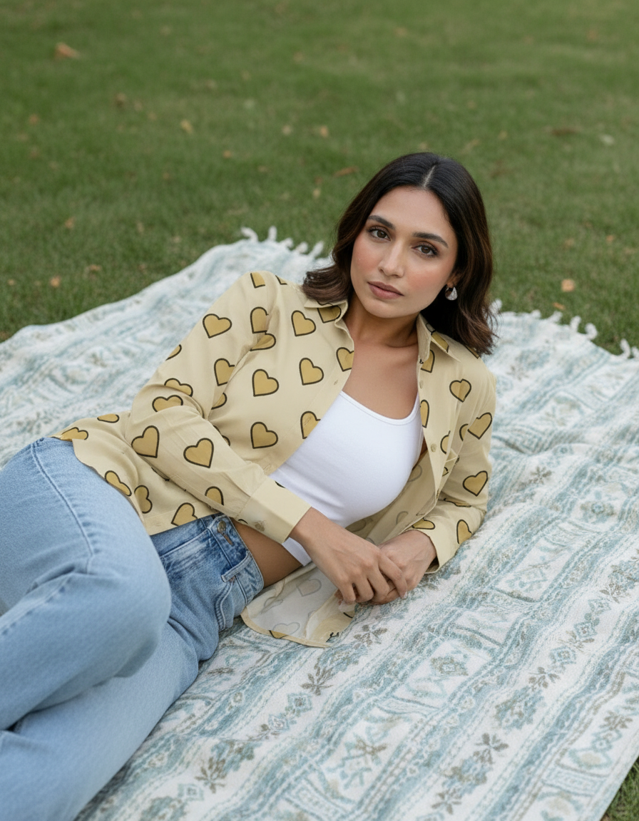 Beige Heart Print Button-Down Shirt for Women