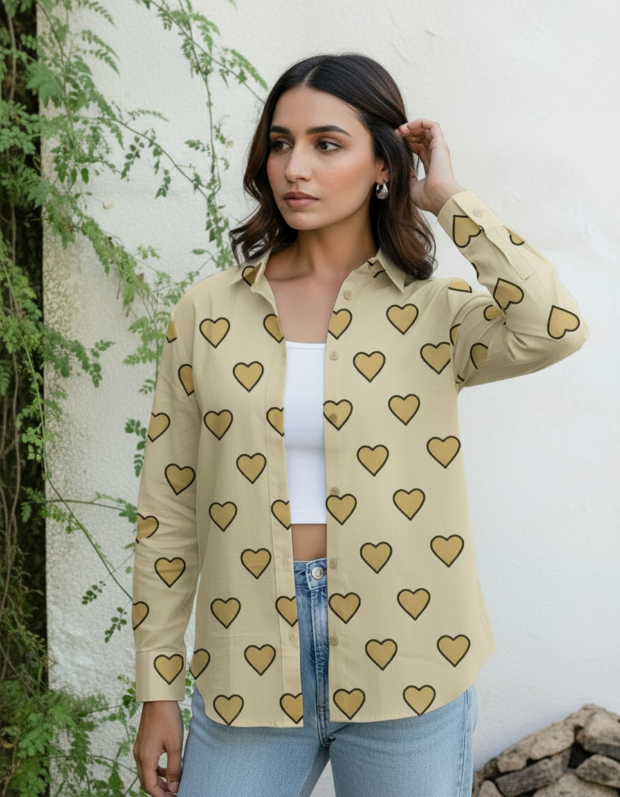 Beige Heart Print Button-Down Shirt for Women