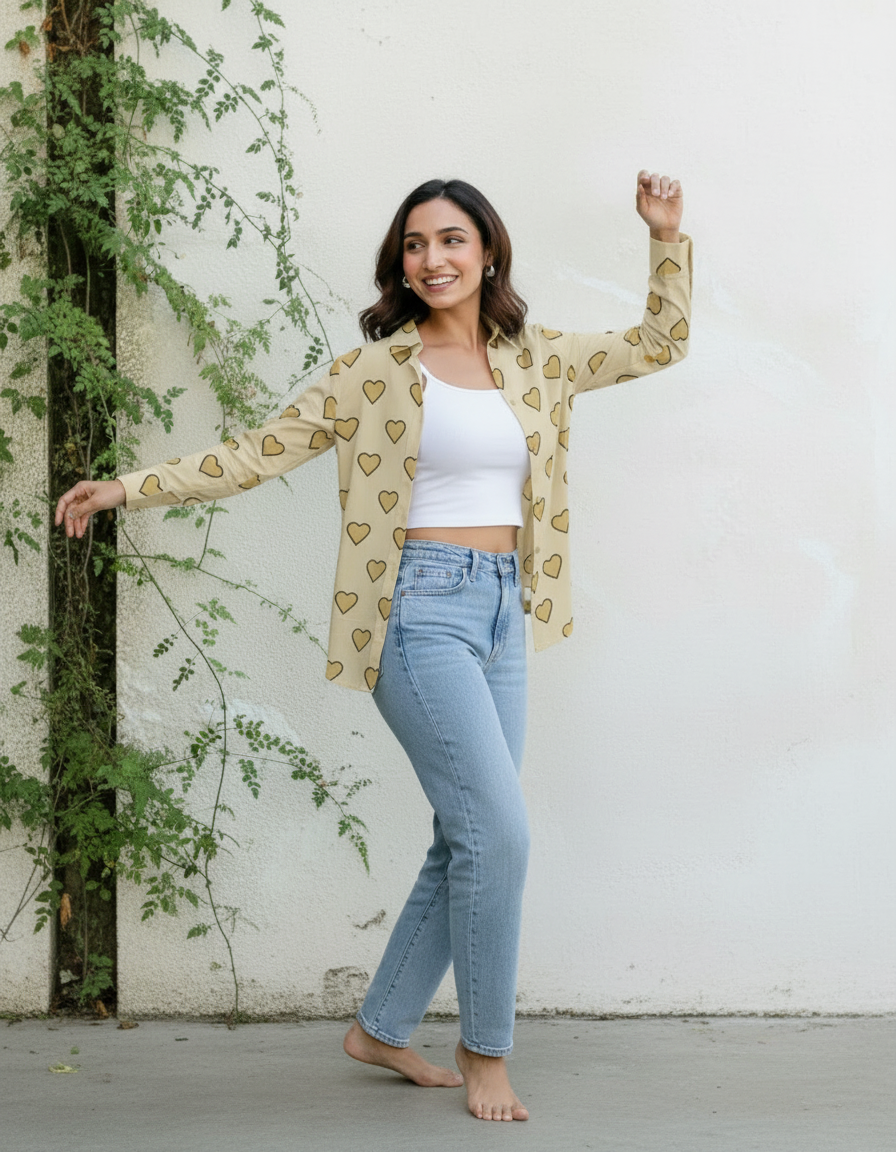 Beige Heart Print Button-Down Shirt for Women