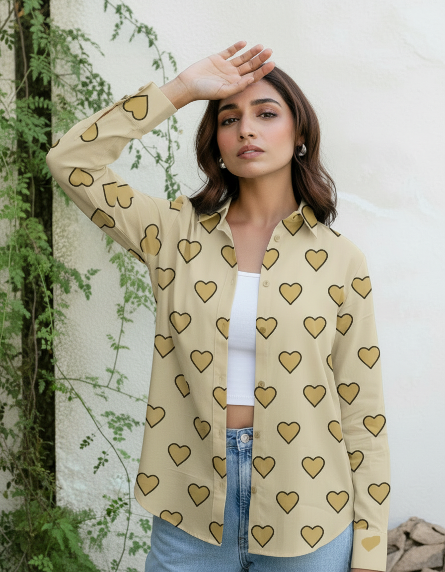 Beige Heart Print Button-Down Shirt for Women