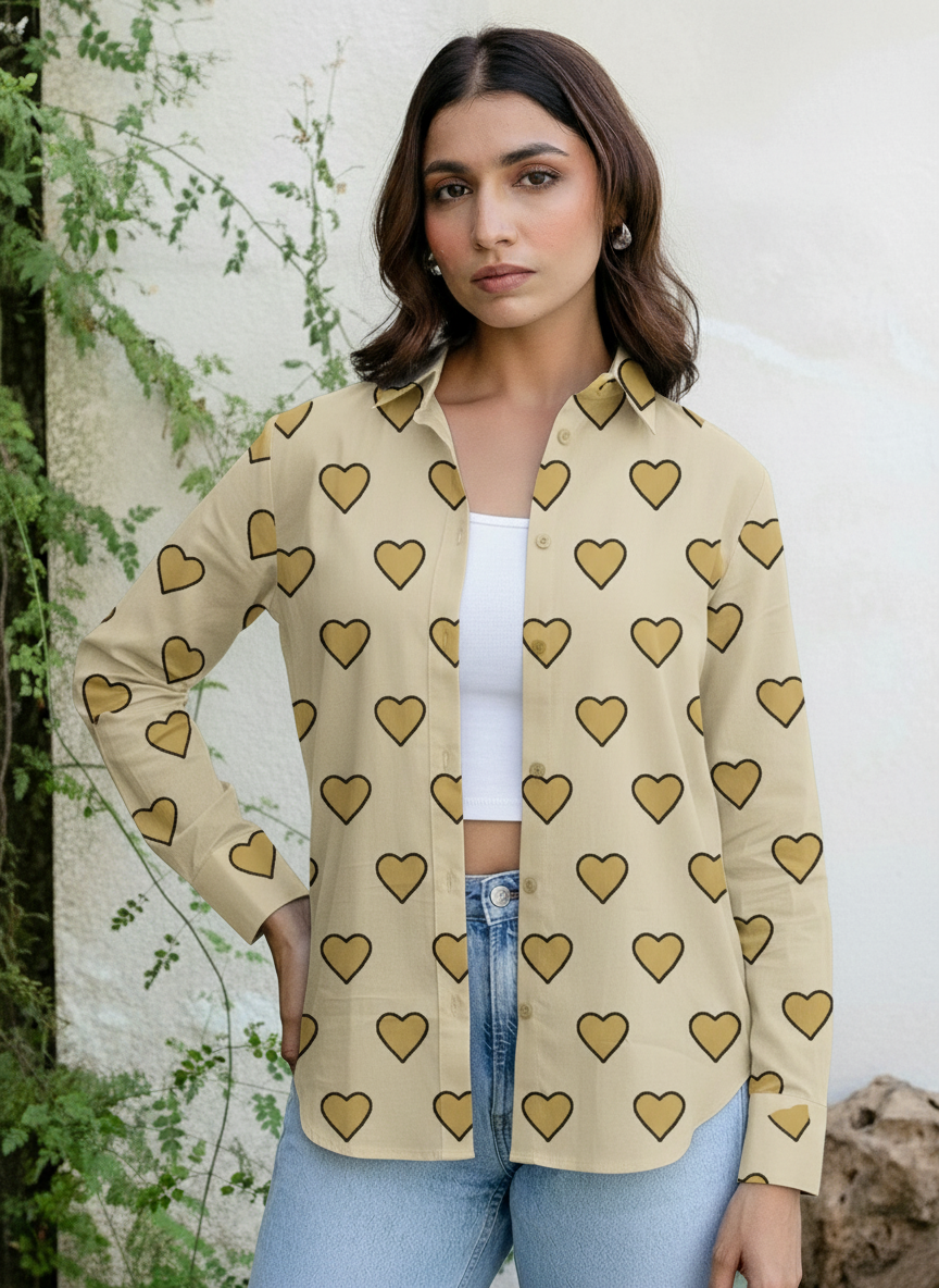 Beige Heart Print Button-Down Shirt for Women