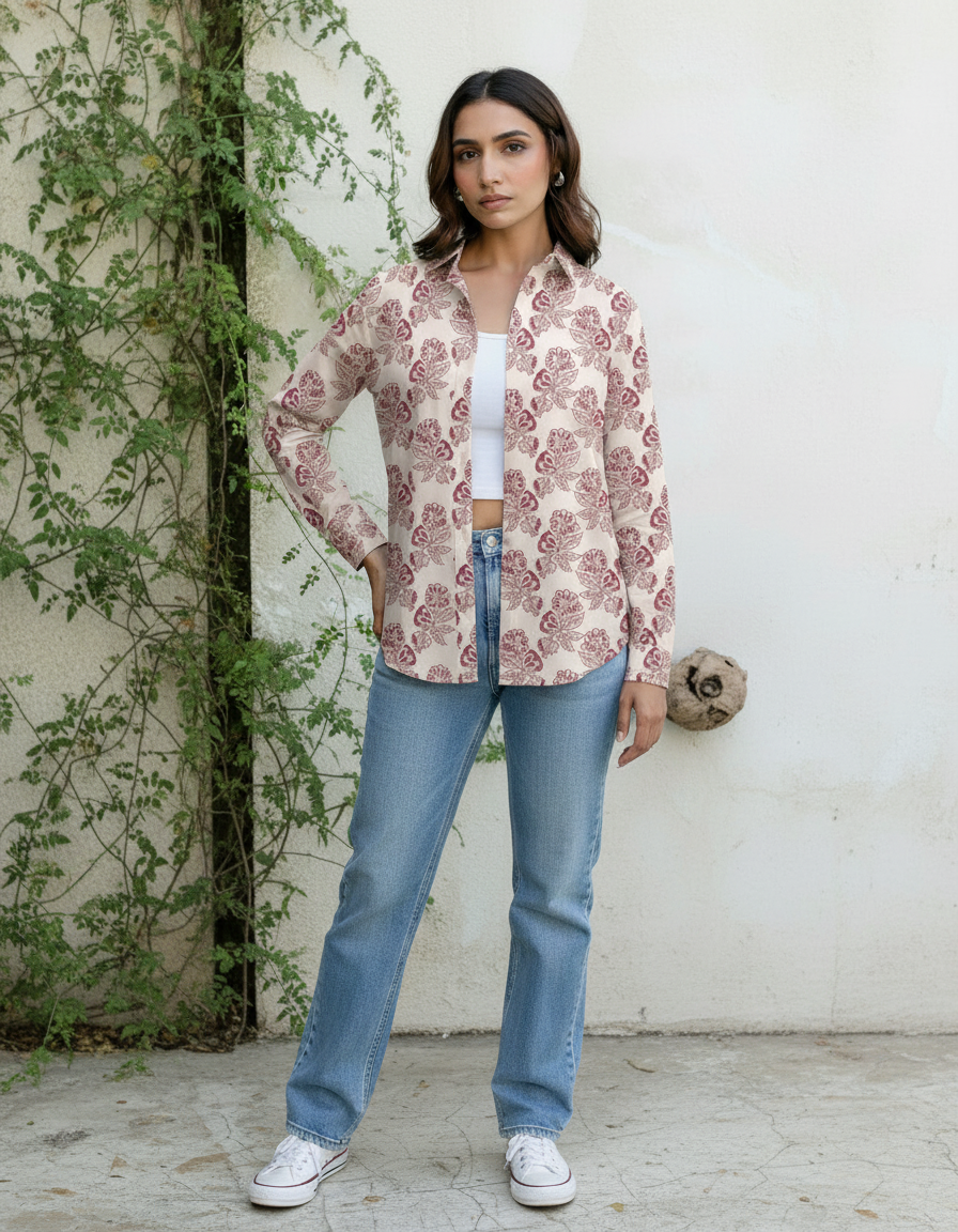Cream & Maroon Floral Print Casual Shirt for Women
