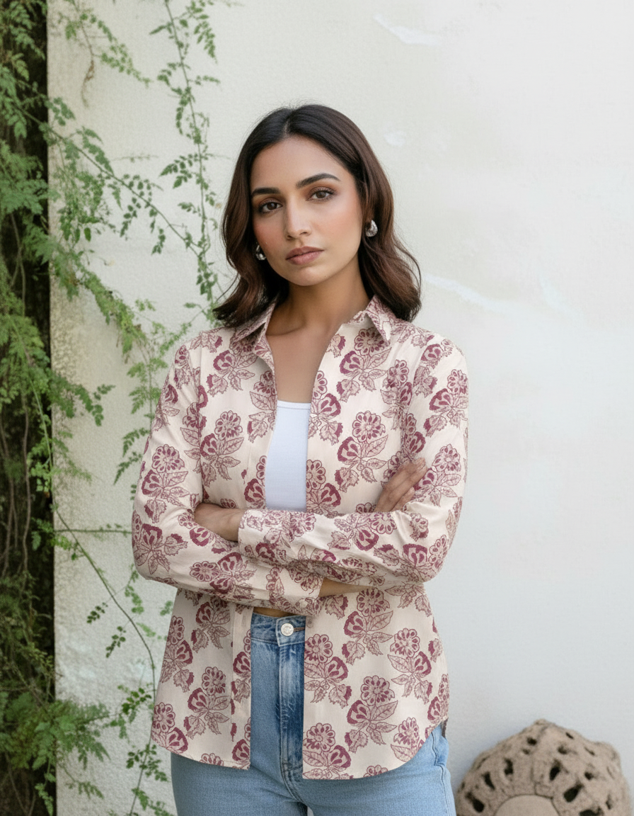 Cream & Maroon Floral Print Casual Shirt for Women