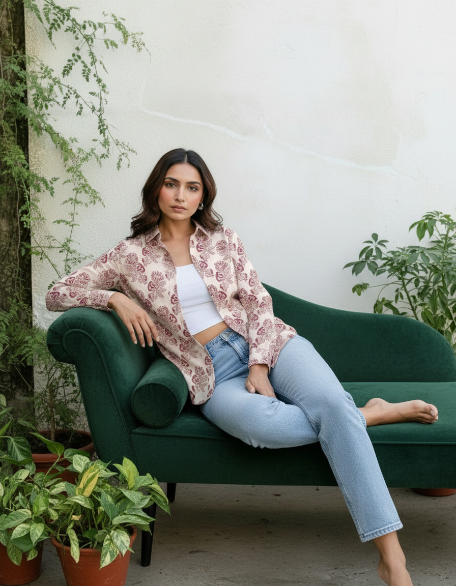 Cream & Maroon Floral Print Casual Shirt for Women