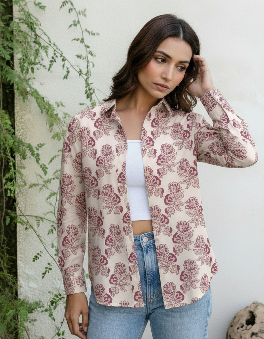 Cream & Maroon Floral Print Casual Shirt for Women