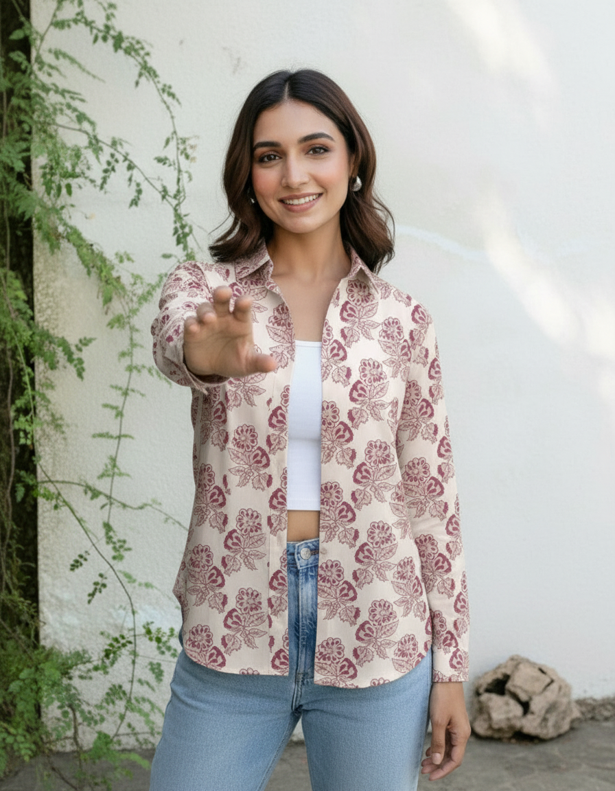 Cream & Maroon Floral Print Casual Shirt for Women