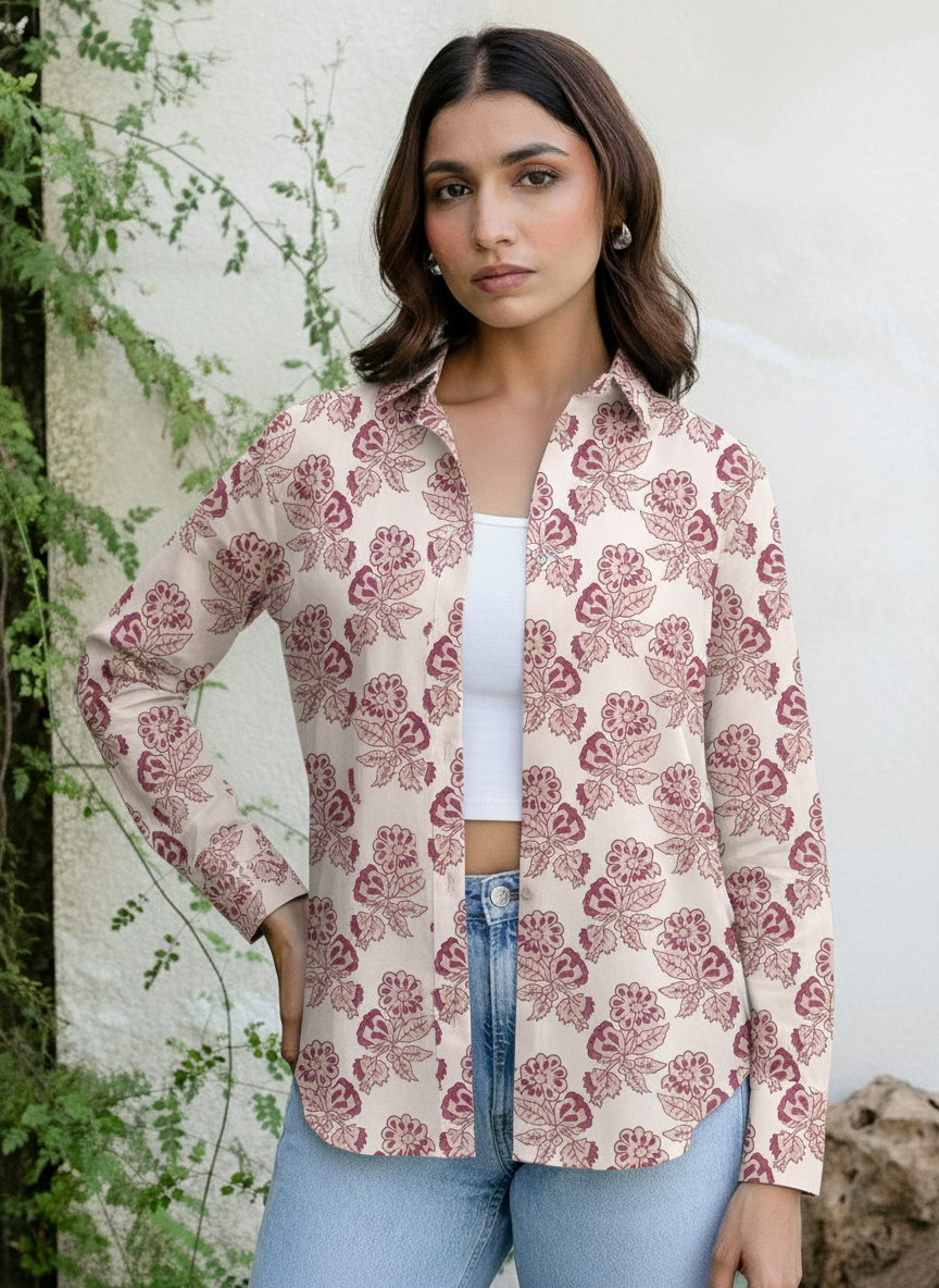 Cream & Maroon Floral Print Casual Shirt for Women