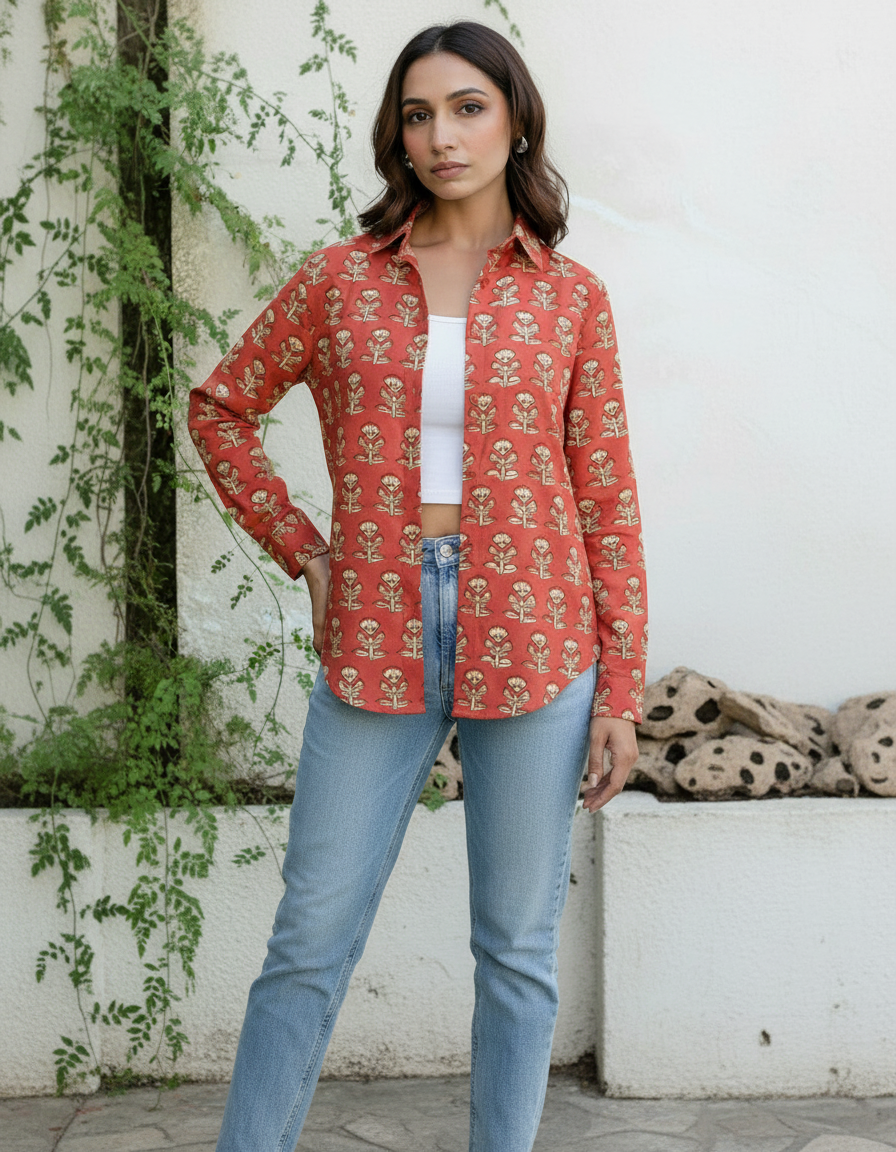 Rust Red Floral Block Print Casual Shirt for Women