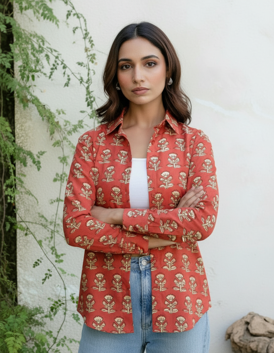 Rust Red Floral Block Print Casual Shirt for Women