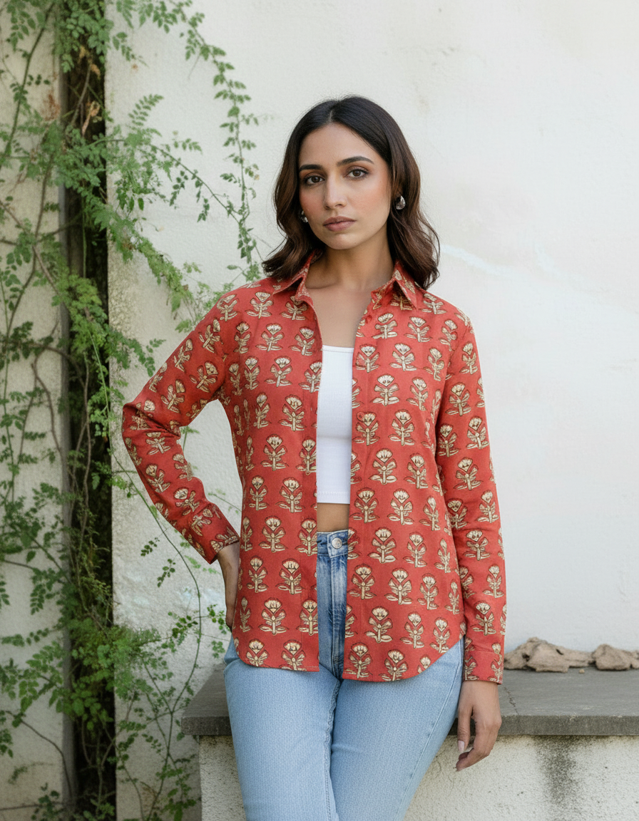 Rust Red Floral Block Print Casual Shirt for Women