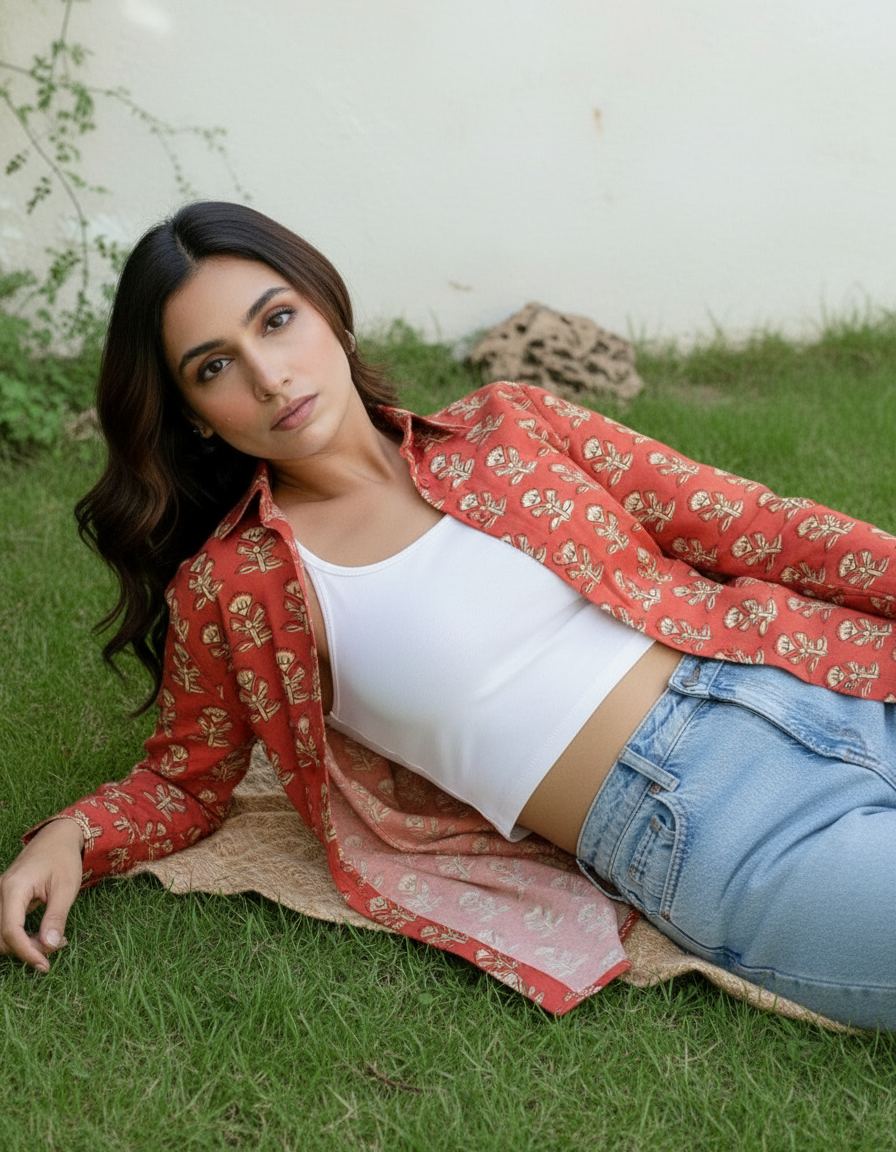 Rust Red Floral Block Print Casual Shirt for Women