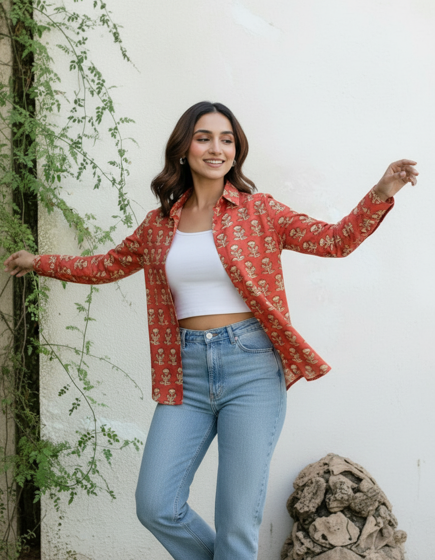 Rust Red Floral Block Print Casual Shirt for Women